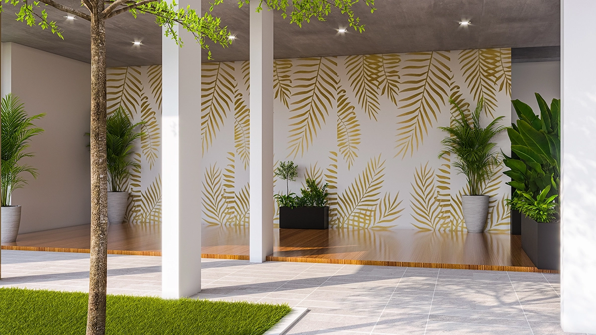 Outdoor seating area with landscaping